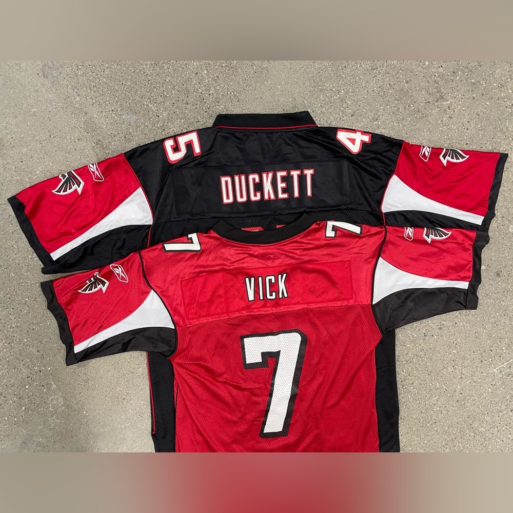 2 VINTAGE Atlanta Falcons NFL Reebok Jerseys #45 TJ DUCKETT & #7 MICHAEL VICK